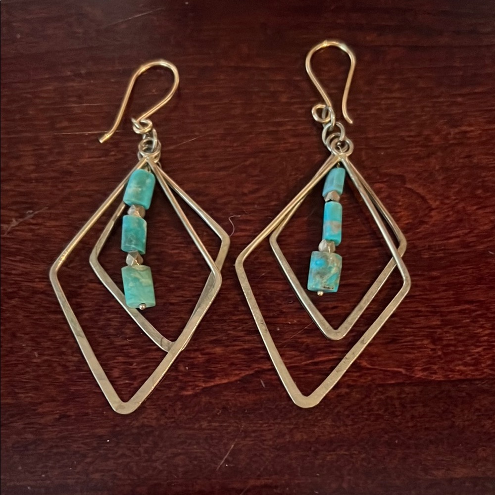 Geometric Gold Earrings with Turquoise Bead Accent